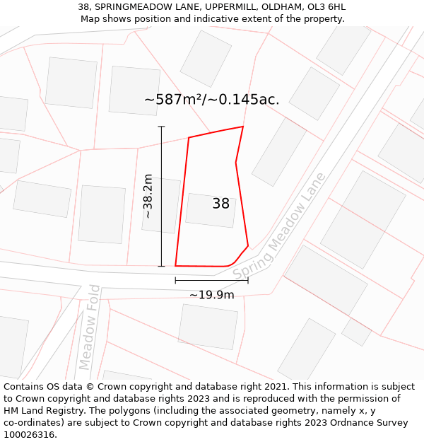 38, SPRINGMEADOW LANE, UPPERMILL, OLDHAM, OL3 6HL: Plot and title map