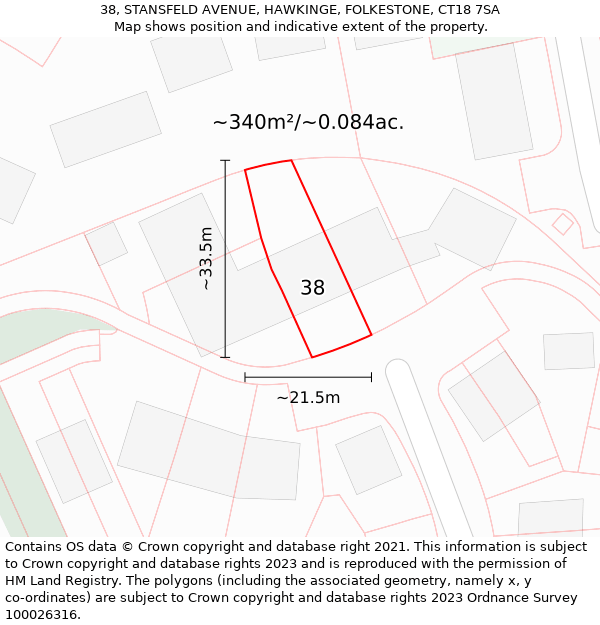 38, STANSFELD AVENUE, HAWKINGE, FOLKESTONE, CT18 7SA: Plot and title map