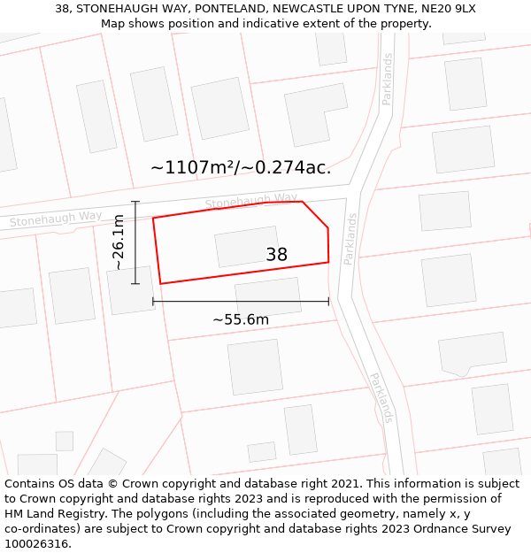 38, STONEHAUGH WAY, PONTELAND, NEWCASTLE UPON TYNE, NE20 9LX: Plot and title map