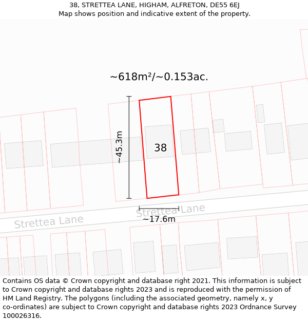 38, STRETTEA LANE, HIGHAM, ALFRETON, DE55 6EJ: Plot and title map