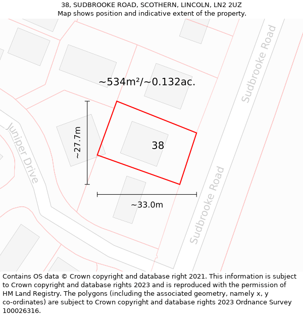 38, SUDBROOKE ROAD, SCOTHERN, LINCOLN, LN2 2UZ: Plot and title map