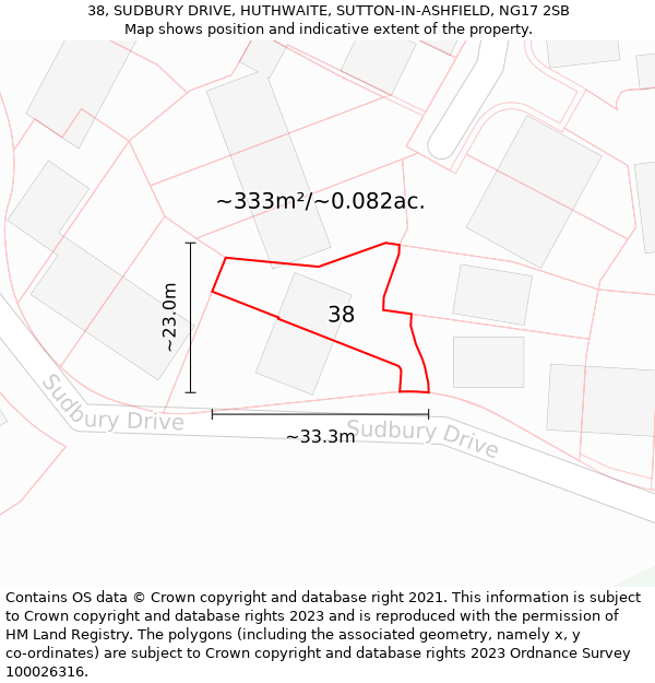 38, SUDBURY DRIVE, HUTHWAITE, SUTTON-IN-ASHFIELD, NG17 2SB: Plot and title map