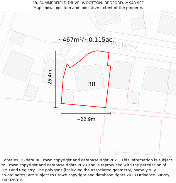 38, SUMMERFIELD DRIVE, WOOTTON, BEDFORD, MK43 9FE: Plot and title map