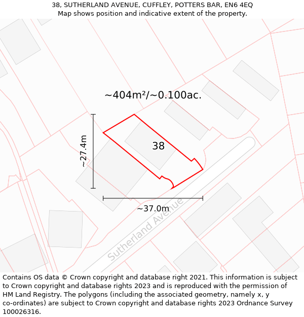 38, SUTHERLAND AVENUE, CUFFLEY, POTTERS BAR, EN6 4EQ: Plot and title map