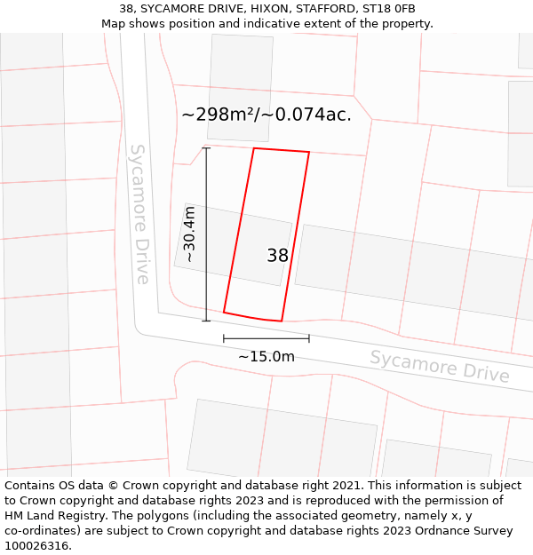 38, SYCAMORE DRIVE, HIXON, STAFFORD, ST18 0FB: Plot and title map