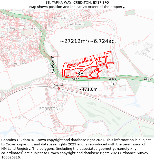 38, TARKA WAY, CREDITON, EX17 3FG: Plot and title map