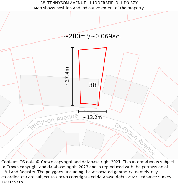 38, TENNYSON AVENUE, HUDDERSFIELD, HD3 3ZY: Plot and title map