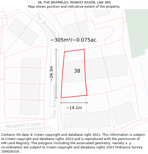 38, THE BRAMBLES, MARKET RASEN, LN8 3NS: Plot and title map