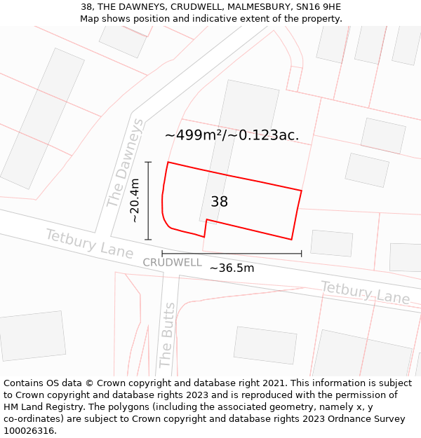 38, THE DAWNEYS, CRUDWELL, MALMESBURY, SN16 9HE: Plot and title map