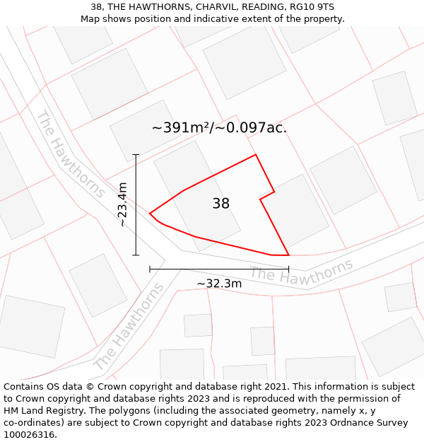 38, THE HAWTHORNS, CHARVIL, READING, RG10 9TS: Plot and title map