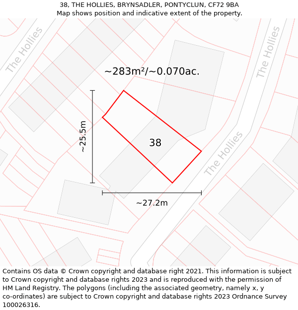 38, THE HOLLIES, BRYNSADLER, PONTYCLUN, CF72 9BA: Plot and title map