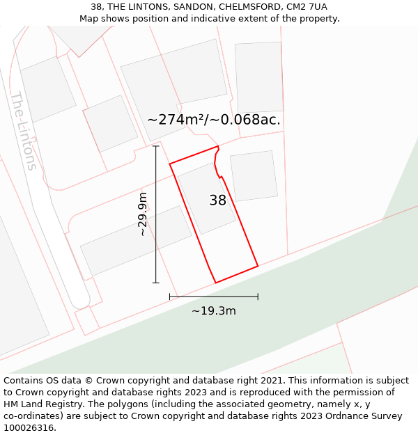 38, THE LINTONS, SANDON, CHELMSFORD, CM2 7UA: Plot and title map