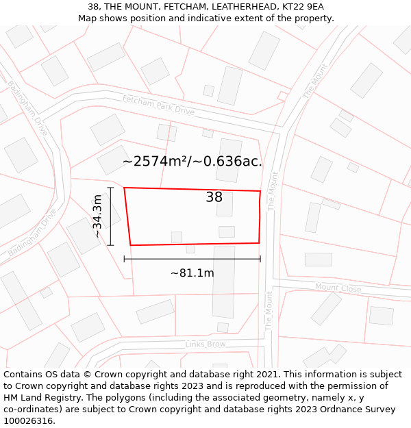 38, THE MOUNT, FETCHAM, LEATHERHEAD, KT22 9EA: Plot and title map