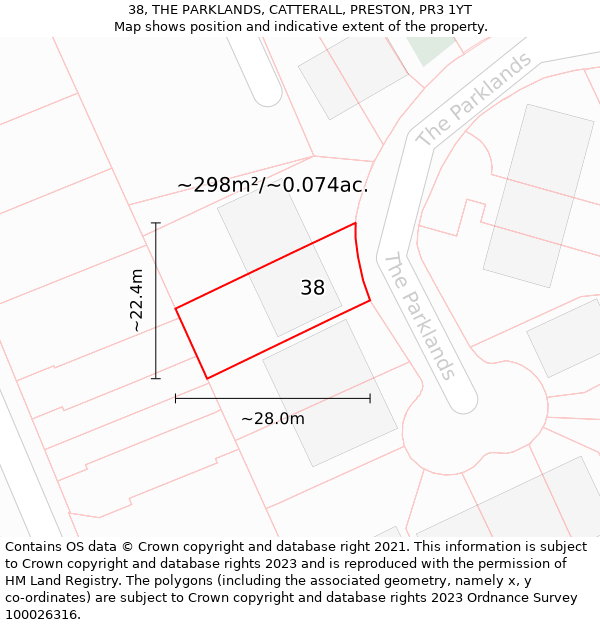 38, THE PARKLANDS, CATTERALL, PRESTON, PR3 1YT: Plot and title map