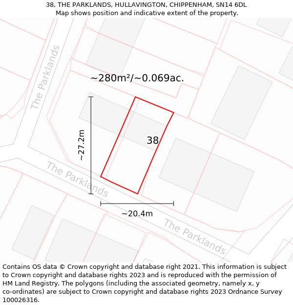 38, THE PARKLANDS, HULLAVINGTON, CHIPPENHAM, SN14 6DL: Plot and title map