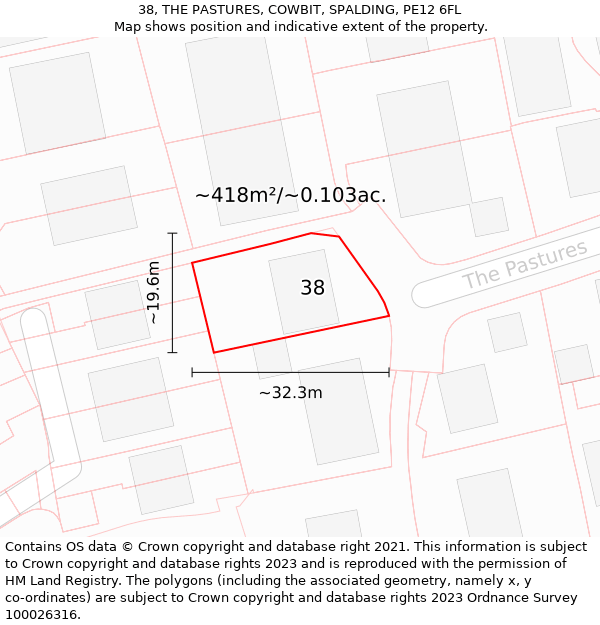 38, THE PASTURES, COWBIT, SPALDING, PE12 6FL: Plot and title map