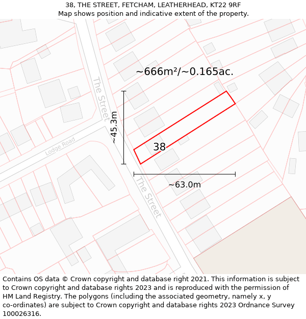 38, THE STREET, FETCHAM, LEATHERHEAD, KT22 9RF: Plot and title map