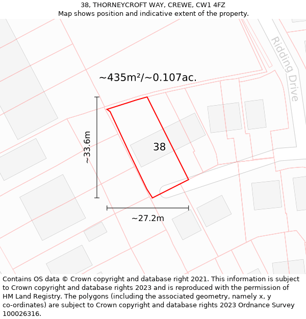 38, THORNEYCROFT WAY, CREWE, CW1 4FZ: Plot and title map