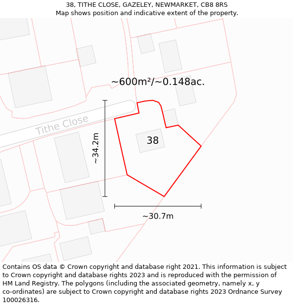 38, TITHE CLOSE, GAZELEY, NEWMARKET, CB8 8RS: Plot and title map