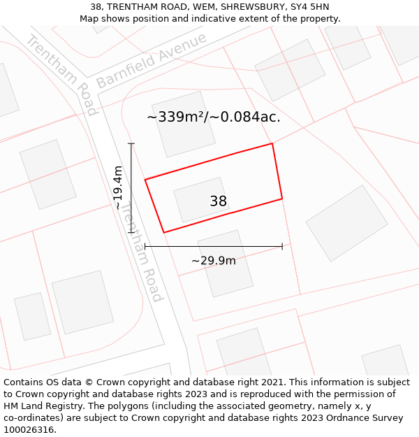 38, TRENTHAM ROAD, WEM, SHREWSBURY, SY4 5HN: Plot and title map