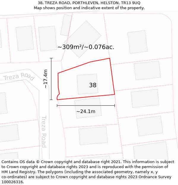 38, TREZA ROAD, PORTHLEVEN, HELSTON, TR13 9UQ: Plot and title map