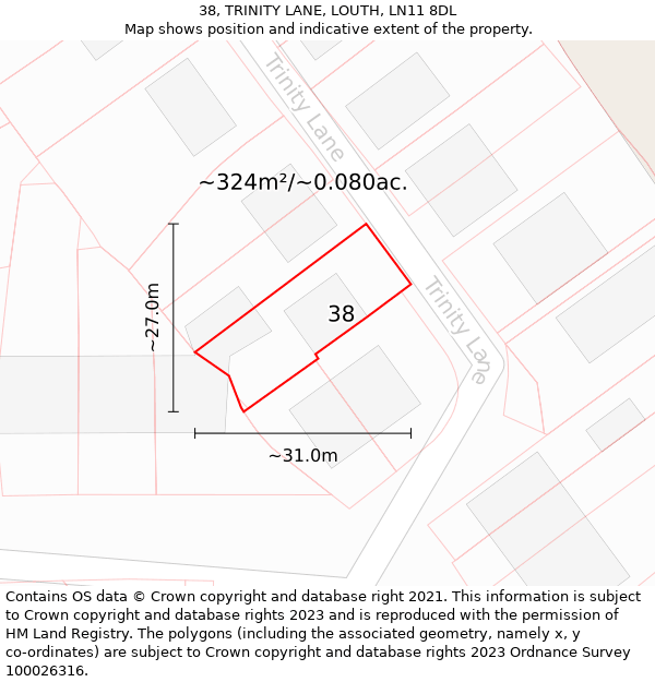 38, TRINITY LANE, LOUTH, LN11 8DL: Plot and title map