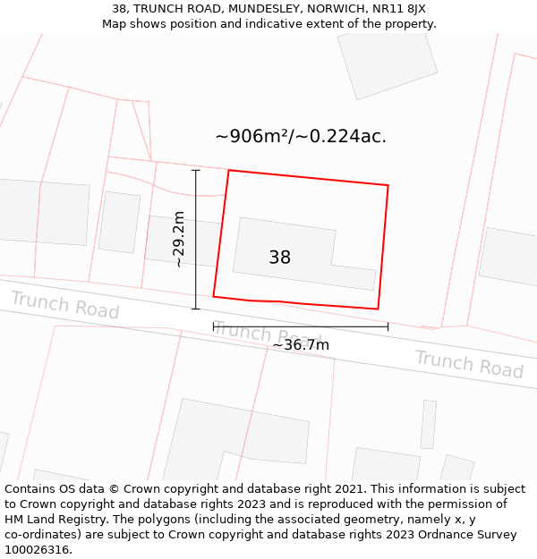 38, TRUNCH ROAD, MUNDESLEY, NORWICH, NR11 8JX: Plot and title map