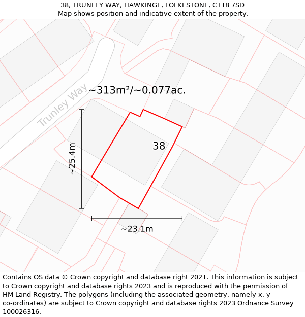 38, TRUNLEY WAY, HAWKINGE, FOLKESTONE, CT18 7SD: Plot and title map