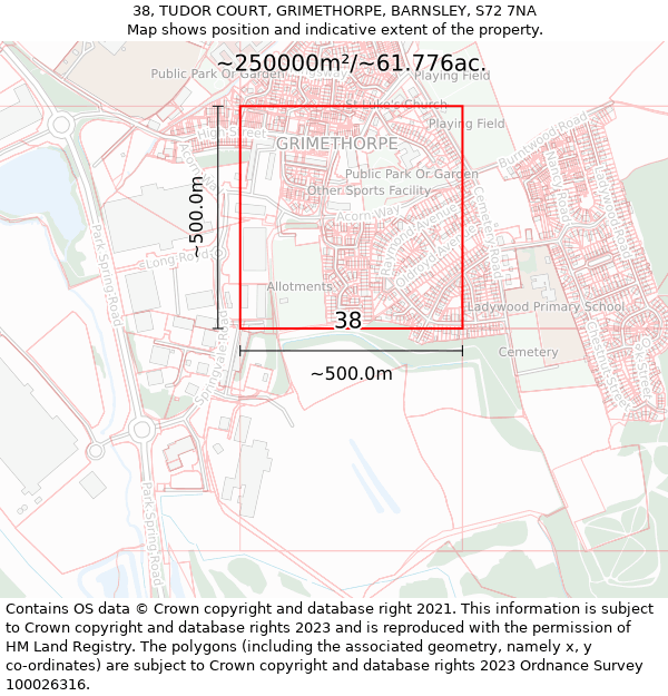 38, TUDOR COURT, GRIMETHORPE, BARNSLEY, S72 7NA: Plot and title map