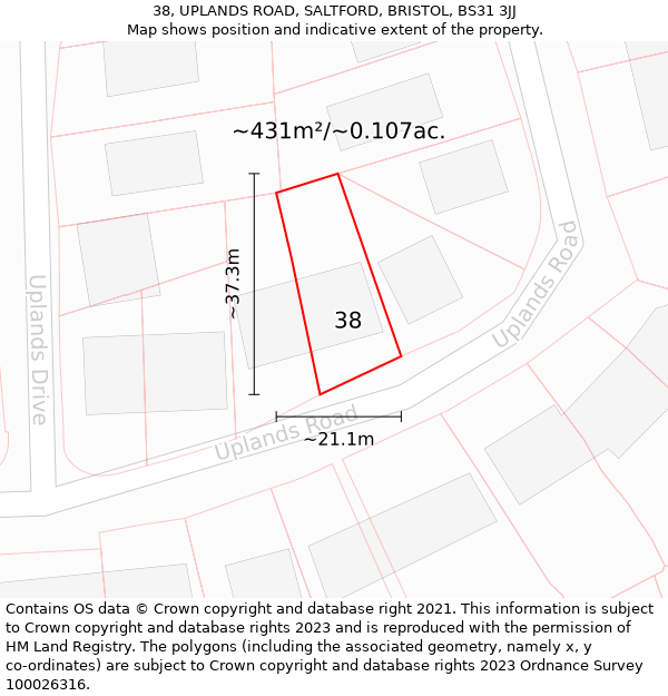 38, UPLANDS ROAD, SALTFORD, BRISTOL, BS31 3JJ: Plot and title map