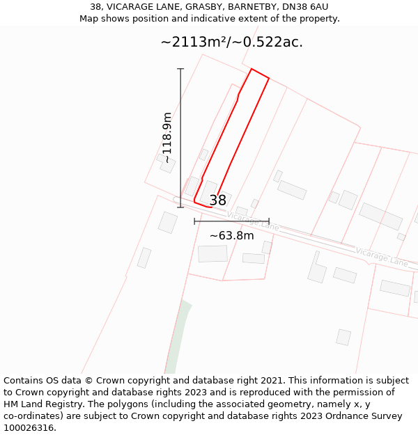 38, VICARAGE LANE, GRASBY, BARNETBY, DN38 6AU: Plot and title map