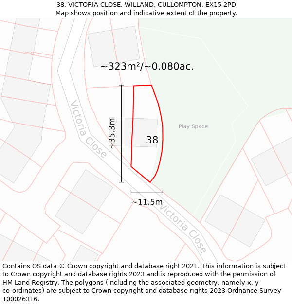 38, VICTORIA CLOSE, WILLAND, CULLOMPTON, EX15 2PD: Plot and title map