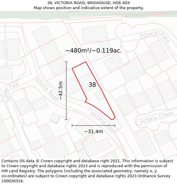 38, VICTORIA ROAD, BRIGHOUSE, HD6 4DX: Plot and title map