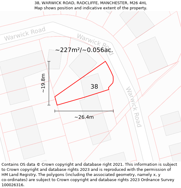 38, WARWICK ROAD, RADCLIFFE, MANCHESTER, M26 4HL: Plot and title map