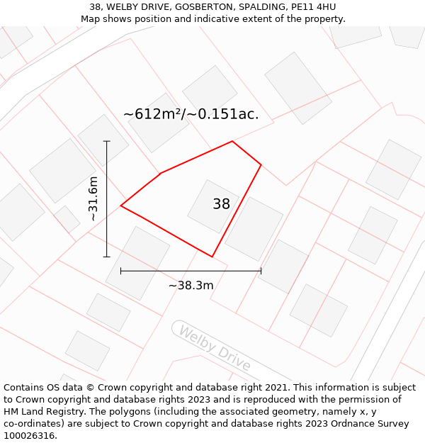 38, WELBY DRIVE, GOSBERTON, SPALDING, PE11 4HU: Plot and title map