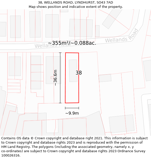 38, WELLANDS ROAD, LYNDHURST, SO43 7AD: Plot and title map