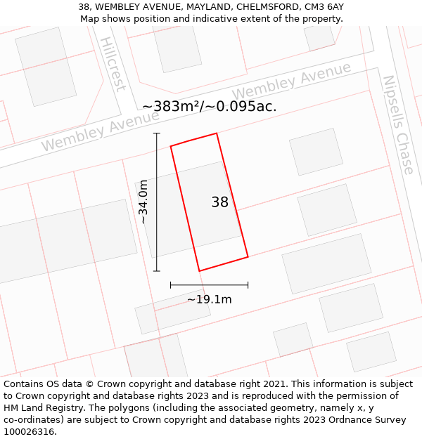 38, WEMBLEY AVENUE, MAYLAND, CHELMSFORD, CM3 6AY: Plot and title map