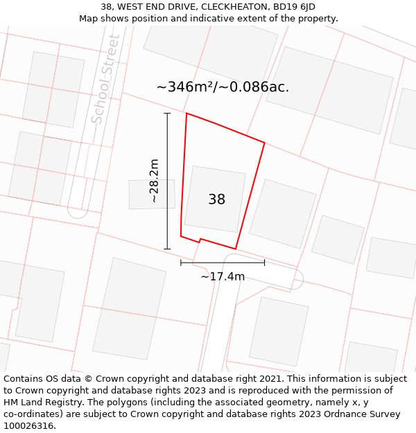 38, WEST END DRIVE, CLECKHEATON, BD19 6JD: Plot and title map