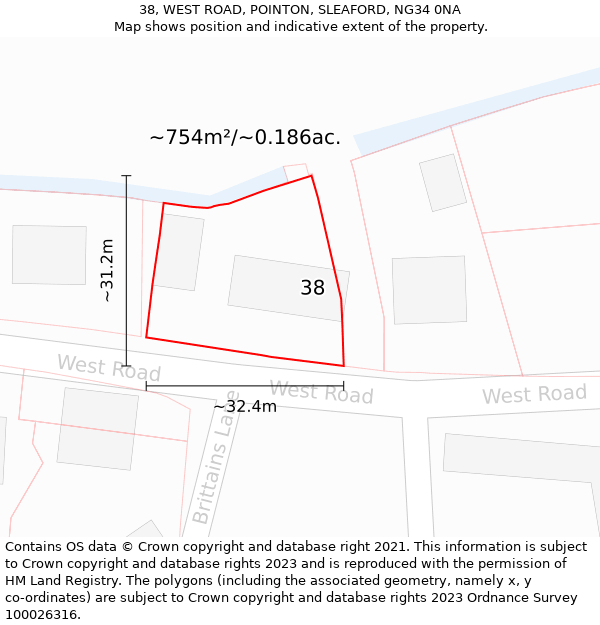 38, WEST ROAD, POINTON, SLEAFORD, NG34 0NA: Plot and title map