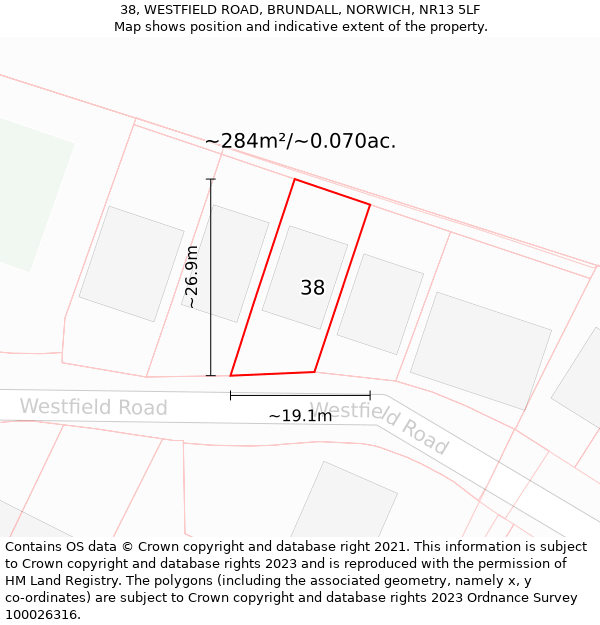 38, WESTFIELD ROAD, BRUNDALL, NORWICH, NR13 5LF: Plot and title map