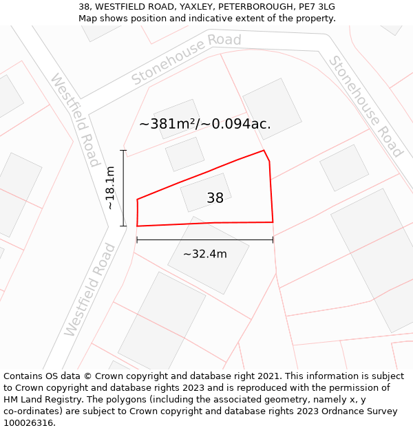 38, WESTFIELD ROAD, YAXLEY, PETERBOROUGH, PE7 3LG: Plot and title map