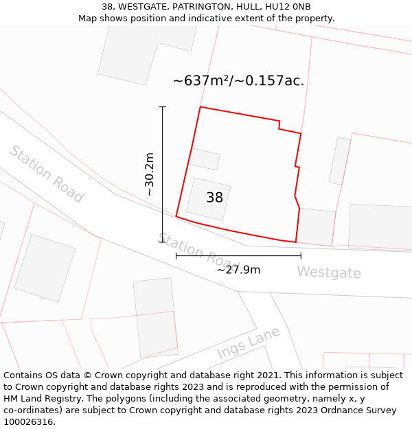 38, WESTGATE, PATRINGTON, HULL, HU12 0NB: Plot and title map