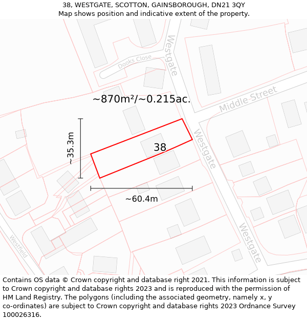 38, WESTGATE, SCOTTON, GAINSBOROUGH, DN21 3QY: Plot and title map