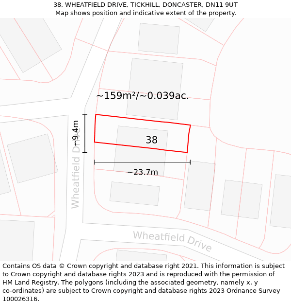 38, WHEATFIELD DRIVE, TICKHILL, DONCASTER, DN11 9UT: Plot and title map