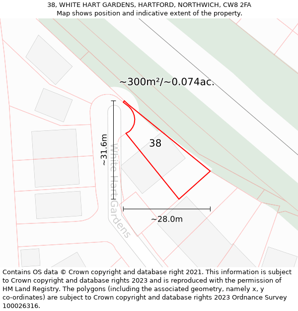 38, WHITE HART GARDENS, HARTFORD, NORTHWICH, CW8 2FA: Plot and title map