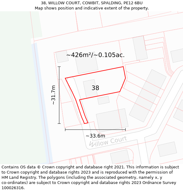 38, WILLOW COURT, COWBIT, SPALDING, PE12 6BU: Plot and title map