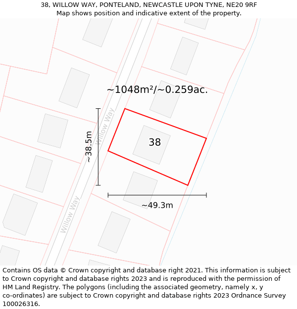 38, WILLOW WAY, PONTELAND, NEWCASTLE UPON TYNE, NE20 9RF: Plot and title map