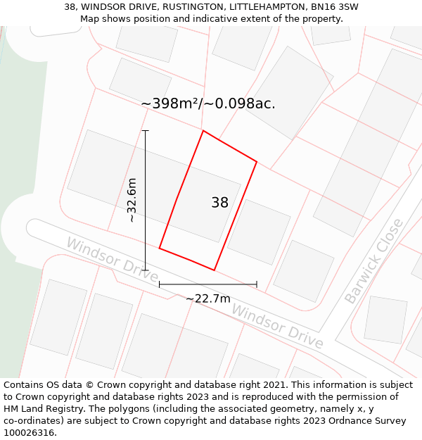 38, WINDSOR DRIVE, RUSTINGTON, LITTLEHAMPTON, BN16 3SW: Plot and title map