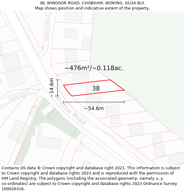 38, WINDSOR ROAD, CHOBHAM, WOKING, GU24 8LA: Plot and title map