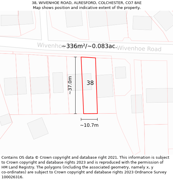 38, WIVENHOE ROAD, ALRESFORD, COLCHESTER, CO7 8AE: Plot and title map